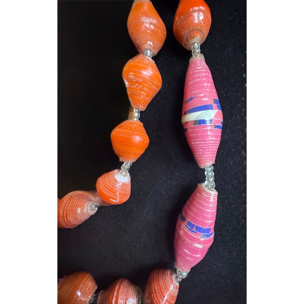 Vintage Teng Yue Necklace Orange Pink Blue Color Paper Bicone Bead Statement